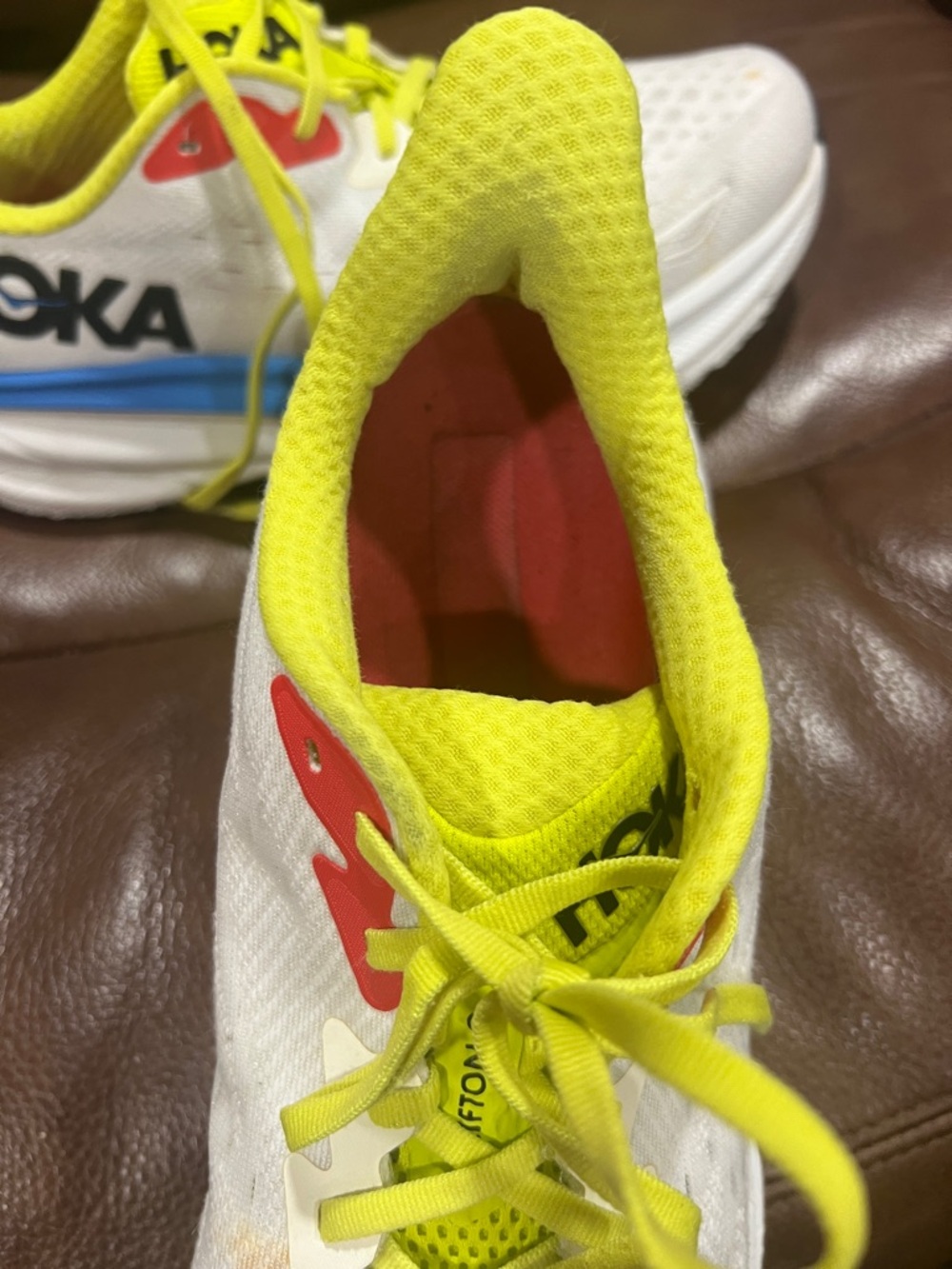 Hoka  Clifton White and Neon Yellow Mens Sneakers - Picture 6 of 15